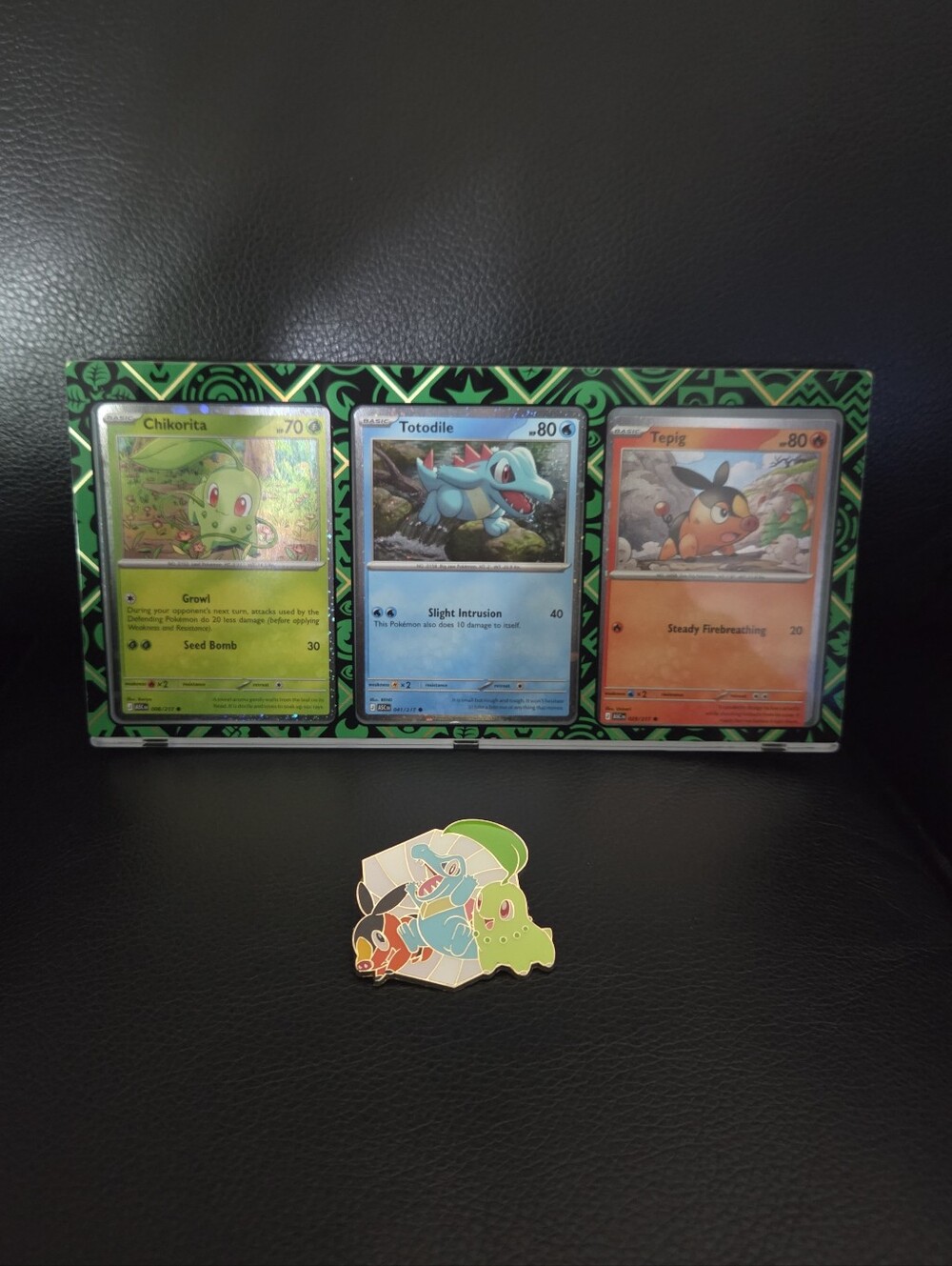 Pokémon Green Display with Chikorita, Totodile & Tepig Promo Trading Cards + Pin